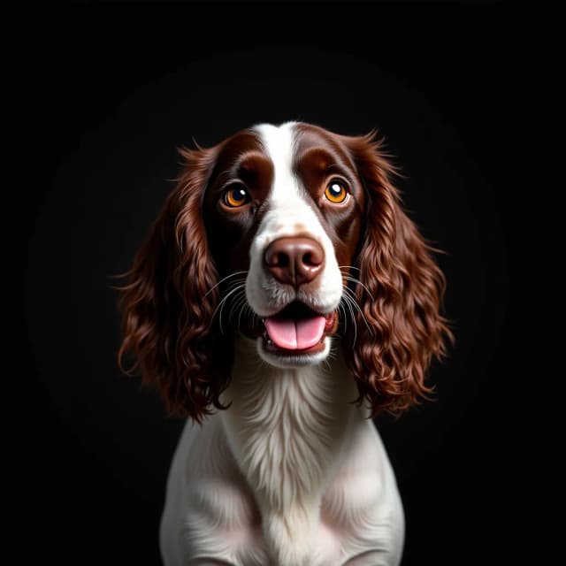 Portrait generated by Flux.1 dev with prompt: A striking portrait of an English Springer Spaniel centered in the frame, captured against a deep black background. The dog's distinctive features are beautifully highlighted - rich chocolate brown and crisp white fur creating a dramatic contrast. Their long, wavy ears frame the face with luxurious chocolate-colored fur, while a prominent white blaze runs down the center of their face. The dog's expression is engaging and cheerful, with bright amber eyes that sparkle with intelligence and a pink tongue peeking out in a friendly smile. The lighting is masterfully executed, creating subtle highlights that emphasize the silky texture of the fur and bring depth to the facial features. The dark background creates a studio portrait feel, making the dog's coloring and features stand out dramatically. Every detail is captured with exceptional clarity, from the individual wavy strands of fur to the subtle variations in the coat's coloring, resulting in a professional and emotionally engaging pet portrait.