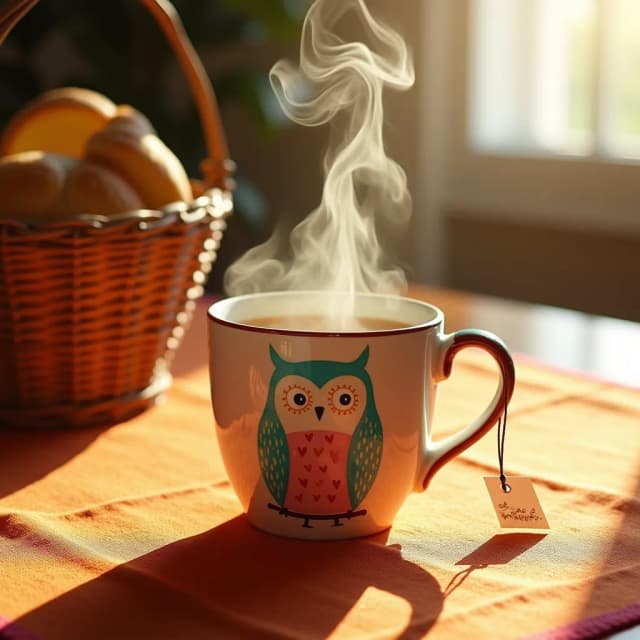 Light and Shadow generated by Flux.1 dev with prompt: A steaming ceramic mug adorned with a whimsical owl design takes center stage, positioned off-center on a warm-toned tablecloth with orange and red stripes. The mug features a decorative owl illustration in turquoise and pink, with delicate floral accents and a distinctive polka-dotted handle. Wisps of steam rise gracefully from the hot beverage inside, creating ethereal swirls that catch the golden morning light streaming in from the right. The scene is bathed in a warm, honey-colored glow that creates soft shadows and highlights the rising steam. To the left, a woven basket with what appears to be fresh bread peeks into the frame, adding rustic texture to the composition. The background fades into a gentle bokeh effect, maintaining focus on the cozy, intimate breakfast setting. A teabag tag hangs from the cup's rim, adding an authentic touch to this peaceful morning moment.