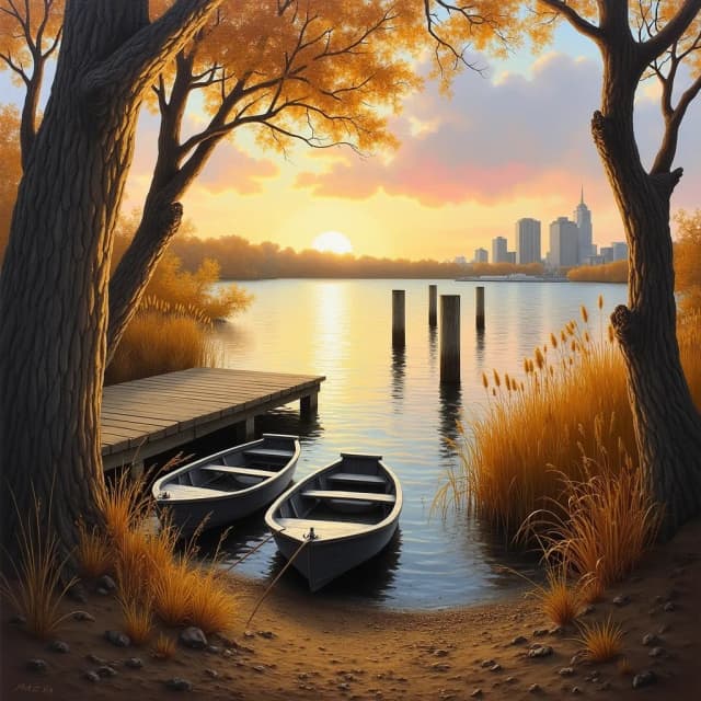 Art Style generated by Flux.1 dev with prompt: A serene lakeside scene at golden hour, reimagined in the rich textures and expressive brushstrokes of an oil painting. Small fishing boats rest against a weathered wooden dock, surrounded by tall, amber-colored reeds that sway gently in the soft evening breeze. The composition is framed by massive tree trunks in the foreground, their rugged bark brought to life with thick, textured strokes, illuminated by the warm, golden light of the setting sun. Long rays stretch across the water, casting dramatic highlights and shadows that accentuate the scene’s depth and warmth.The tranquil lake extends toward a distant cityscape, where modern buildings rise subtly against the horizon, softened by the painterly blending of pink and gold hues in the sky. The water’s surface reflects the warm evening light, with shimmering ripples and mirror-like sections painted in delicate detail, doubling the beauty of the glowing sunset.In the middle ground, weathered wooden posts emerge from the water, their textured forms leading the viewer’s eye toward the boats gently moored by the dock. The scene is dominated by rich autumnal tones—golden yellows, deep browns, and burnt oranges in the reeds and tree trunks—contrasting beautifully with the cool, soft blues and grays of the water and sky.The low angle of the sun enhances the drama of the composition, with bold, sweeping strokes capturing the interplay of light and shadow on the tree trunks, reeds, and rippling water. The overall atmosphere evokes a peaceful and timeless moment, where the serenity of nature and the distant hum of urban life coexist in perfect harmony, brought to life with the tactile beauty and depth of an oil painting.