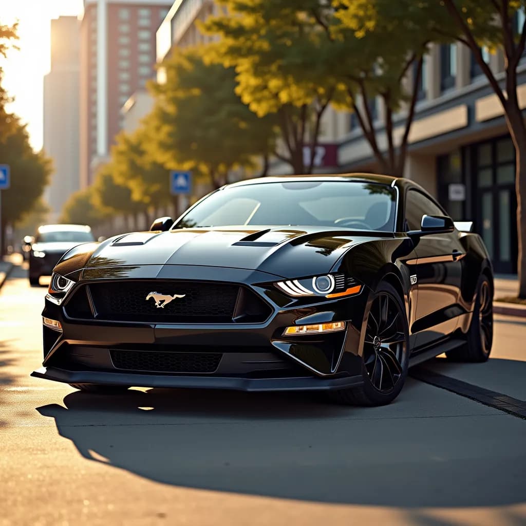 AI-generated image based on the prompt: A sleek Ford Mustang GT dominates the frame, positioned at a dynamic three-quarter angle that emphasizes its aggressive front-end design. The vehicle's glossy black paintwork reflects the warm sunlight, creating subtle highlights across its muscular hood and signature body lines. The iconic pony emblem sits proudly within the dark honeycomb grille, while the distinctive tri-bar LED headlights pierce through the composition. The low-profile front splitter adds to the car's athletic stance, complemented by multi-spoke black alloy wheels. Environmental elements include tree-lined urban surroundings with commercial buildings in the soft-focused background. The scene is bathed in golden hour lighting, with natural lens flare adding warmth to the upper left corner, creating an atmospheric contrast against the vehicle's dark exterior. Shadows fall naturally beneath the car, grounding it on the concrete surface. The image exhibits shallow depth of field, maintaining sharp focus on the Mustang while gently blurring the background elements, emphasizing the car's commanding presence in the urban landscape.