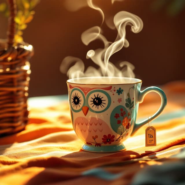 Light and Shadow generated by Flux-1.1 pro with prompt: A steaming ceramic mug adorned with a whimsical owl design takes center stage, positioned off-center on a warm-toned tablecloth with orange and red stripes. The mug features a decorative owl illustration in turquoise and pink, with delicate floral accents and a distinctive polka-dotted handle. Wisps of steam rise gracefully from the hot beverage inside, creating ethereal swirls that catch the golden morning light streaming in from the right. The scene is bathed in a warm, honey-colored glow that creates soft shadows and highlights the rising steam. To the left, a woven basket with what appears to be fresh bread peeks into the frame, adding rustic texture to the composition. The background fades into a gentle bokeh effect, maintaining focus on the cozy, intimate breakfast setting. A teabag tag hangs from the cup's rim, adding an authentic touch to this peaceful morning moment.