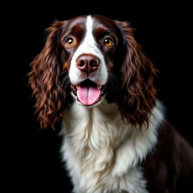 Portrait generated by Flux-1.1 pro with prompt: A striking portrait of an English Springer Spaniel centered in the frame, captured against a deep black background. The dog's distinctive features are beautifully highlighted - rich chocolate brown and crisp white fur creating a dramatic contrast. Their long, wavy ears frame the face with luxurious chocolate-colored fur, while a prominent white blaze runs down the center of their face. The dog's expression is engaging and cheerful, with bright amber eyes that sparkle with intelligence and a pink tongue peeking out in a friendly smile. The lighting is masterfully executed, creating subtle highlights that emphasize the silky texture of the fur and bring depth to the facial features. The dark background creates a studio portrait feel, making the dog's coloring and features stand out dramatically. Every detail is captured with exceptional clarity, from the individual wavy strands of fur to the subtle variations in the coat's coloring, resulting in a professional and emotionally engaging pet portrait.