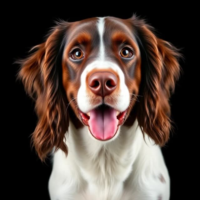 Portrait generated by Flux.1 schnell with prompt: A striking portrait of an English Springer Spaniel centered in the frame, captured against a deep black background. The dog's distinctive features are beautifully highlighted - rich chocolate brown and crisp white fur creating a dramatic contrast. Their long, wavy ears frame the face with luxurious chocolate-colored fur, while a prominent white blaze runs down the center of their face. The dog's expression is engaging and cheerful, with bright amber eyes that sparkle with intelligence and a pink tongue peeking out in a friendly smile. The lighting is masterfully executed, creating subtle highlights that emphasize the silky texture of the fur and bring depth to the facial features. The dark background creates a studio portrait feel, making the dog's coloring and features stand out dramatically. Every detail is captured with exceptional clarity, from the individual wavy strands of fur to the subtle variations in the coat's coloring, resulting in a professional and emotionally engaging pet portrait.