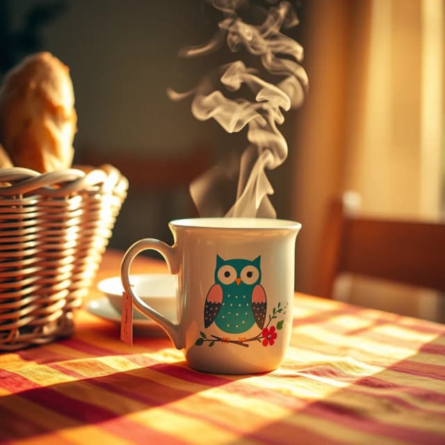 Light and Shadow generated by Flux.1 schnell with prompt: A steaming ceramic mug adorned with a whimsical owl design takes center stage, positioned off-center on a warm-toned tablecloth with orange and red stripes. The mug features a decorative owl illustration in turquoise and pink, with delicate floral accents and a distinctive polka-dotted handle. Wisps of steam rise gracefully from the hot beverage inside, creating ethereal swirls that catch the golden morning light streaming in from the right. The scene is bathed in a warm, honey-colored glow that creates soft shadows and highlights the rising steam. To the left, a woven basket with what appears to be fresh bread peeks into the frame, adding rustic texture to the composition. The background fades into a gentle bokeh effect, maintaining focus on the cozy, intimate breakfast setting. A teabag tag hangs from the cup's rim, adding an authentic touch to this peaceful morning moment.