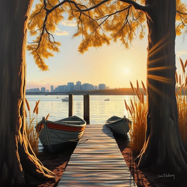 Art Style generated by Flux.1 schnell with prompt: A serene lakeside scene at golden hour, reimagined in the rich textures and expressive brushstrokes of an oil painting. Small fishing boats rest against a weathered wooden dock, surrounded by tall, amber-colored reeds that sway gently in the soft evening breeze. The composition is framed by massive tree trunks in the foreground, their rugged bark brought to life with thick, textured strokes, illuminated by the warm, golden light of the setting sun. Long rays stretch across the water, casting dramatic highlights and shadows that accentuate the scene’s depth and warmth.The tranquil lake extends toward a distant cityscape, where modern buildings rise subtly against the horizon, softened by the painterly blending of pink and gold hues in the sky. The water’s surface reflects the warm evening light, with shimmering ripples and mirror-like sections painted in delicate detail, doubling the beauty of the glowing sunset.In the middle ground, weathered wooden posts emerge from the water, their textured forms leading the viewer’s eye toward the boats gently moored by the dock. The scene is dominated by rich autumnal tones—golden yellows, deep browns, and burnt oranges in the reeds and tree trunks—contrasting beautifully with the cool, soft blues and grays of the water and sky.The low angle of the sun enhances the drama of the composition, with bold, sweeping strokes capturing the interplay of light and shadow on the tree trunks, reeds, and rippling water. The overall atmosphere evokes a peaceful and timeless moment, where the serenity of nature and the distant hum of urban life coexist in perfect harmony, brought to life with the tactile beauty and depth of an oil painting.