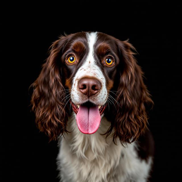 Portrait generated by Flux-1.1 pro ultra with prompt: A striking portrait of an English Springer Spaniel centered in the frame, captured against a deep black background. The dog's distinctive features are beautifully highlighted - rich chocolate brown and crisp white fur creating a dramatic contrast. Their long, wavy ears frame the face with luxurious chocolate-colored fur, while a prominent white blaze runs down the center of their face. The dog's expression is engaging and cheerful, with bright amber eyes that sparkle with intelligence and a pink tongue peeking out in a friendly smile. The lighting is masterfully executed, creating subtle highlights that emphasize the silky texture of the fur and bring depth to the facial features. The dark background creates a studio portrait feel, making the dog's coloring and features stand out dramatically. Every detail is captured with exceptional clarity, from the individual wavy strands of fur to the subtle variations in the coat's coloring, resulting in a professional and emotionally engaging pet portrait.