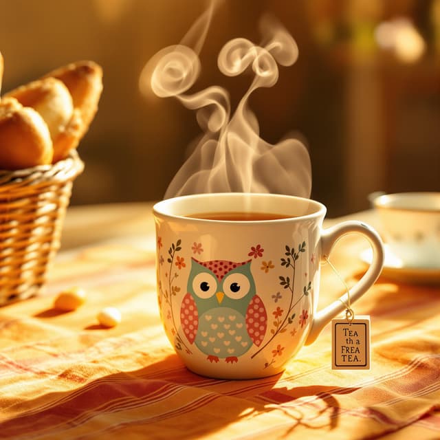 Light and Shadow generated by Flux-1.1 pro ultra with prompt: A steaming ceramic mug adorned with a whimsical owl design takes center stage, positioned off-center on a warm-toned tablecloth with orange and red stripes. The mug features a decorative owl illustration in turquoise and pink, with delicate floral accents and a distinctive polka-dotted handle. Wisps of steam rise gracefully from the hot beverage inside, creating ethereal swirls that catch the golden morning light streaming in from the right. The scene is bathed in a warm, honey-colored glow that creates soft shadows and highlights the rising steam. To the left, a woven basket with what appears to be fresh bread peeks into the frame, adding rustic texture to the composition. The background fades into a gentle bokeh effect, maintaining focus on the cozy, intimate breakfast setting. A teabag tag hangs from the cup's rim, adding an authentic touch to this peaceful morning moment.