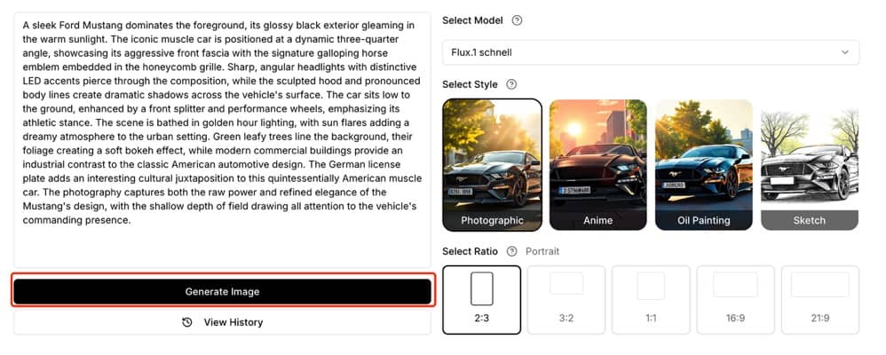 Generating an image based on the prompt and settings