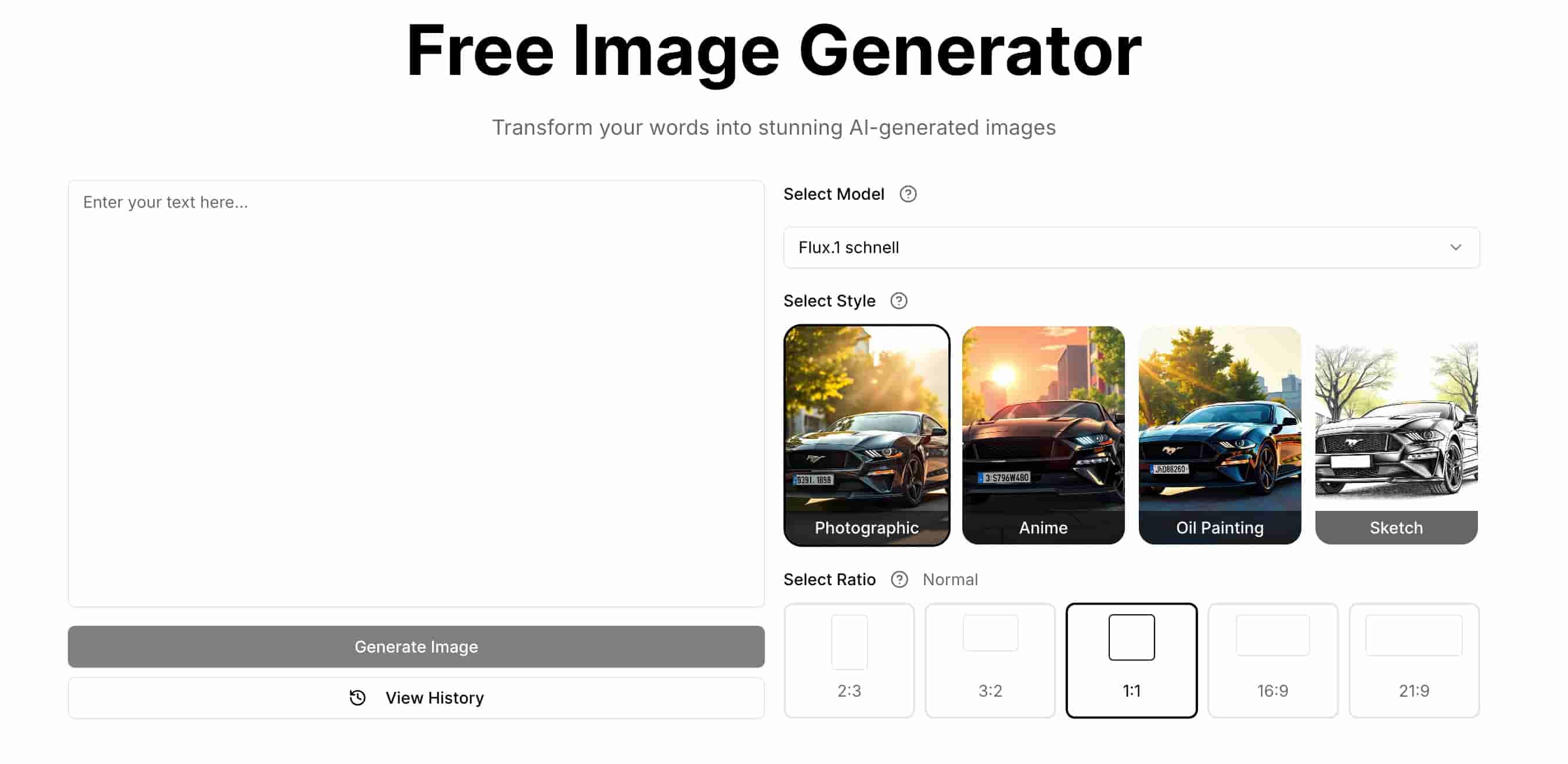 AI Image Generator interface layout showing prompt input area on the left and settings panel on the right